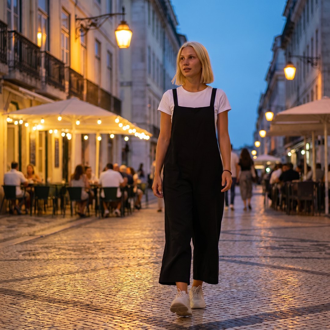 Fashion night walk on cobblestone